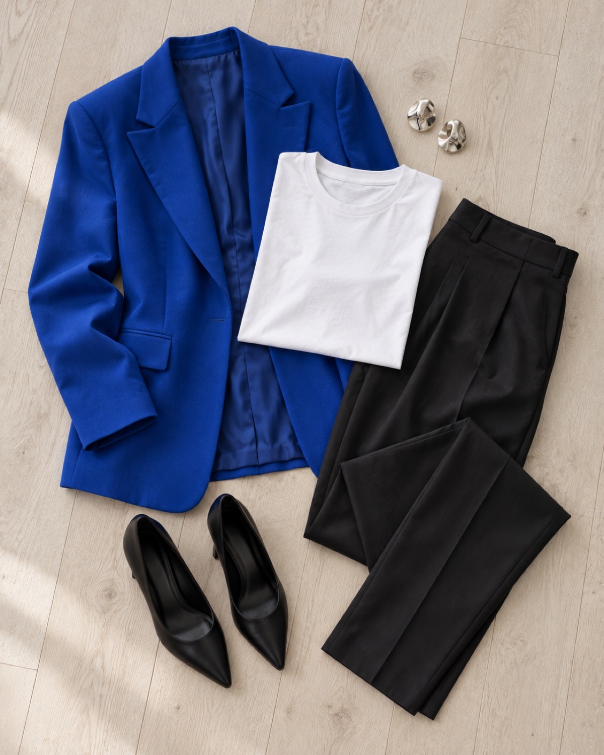 Outfittet lagt frem. Det meste er enkelt; jakken tager opmærksomheden.
