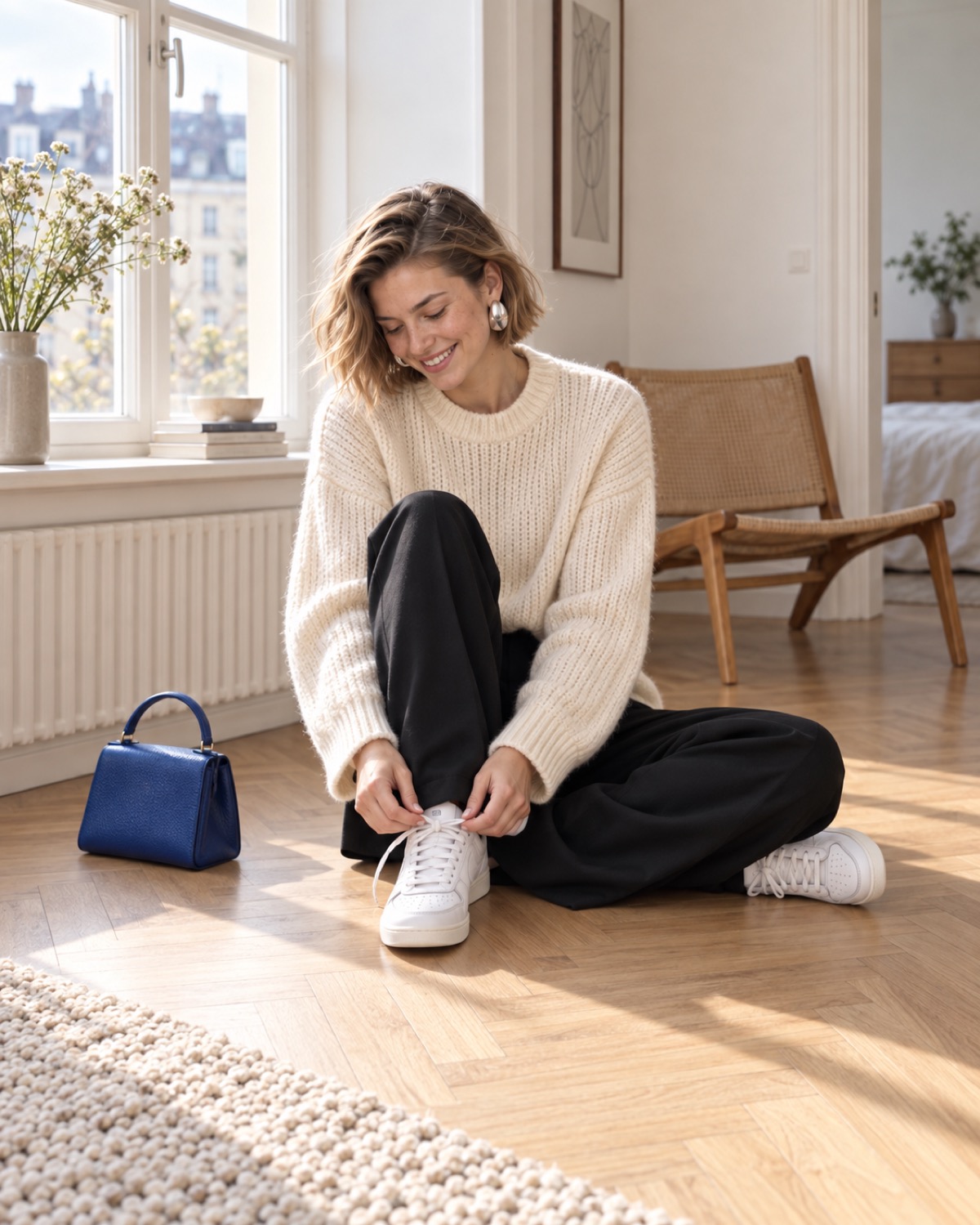 Et øjeblik på gulvet, mens sneakersene bliver bundet. Strikken må gerne følge med.
